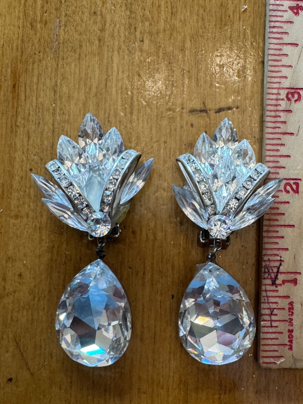Crystal Teardrop Clip-On Earrings - Clear Rhinestone Statement